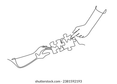 Single one line drawing of young happy man and woman put puzzle pieces together to form cute heart shape. Romantic marriage love concept. Modern continuous line draw design graphic vector illustration