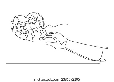 Single one line drawing young happy woman put the puzzle pieces together to cute heart shape form. Romantic relationship game of love concept. Continuous line draw design graphic vector illustration
