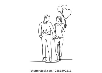 Single one line drawing young happy man and woman couple take a walk together and holding heart shaped balloon. Romantic marriage love concept. Continuous line draw design graphic vector illustration