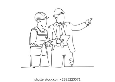Single one line drawing of young architect and house builder discussing residence blueprint with consultant. Home construction planning concept. Continuous line draw design graphic vector illustration