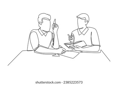 Single one line drawing of young company founder formulating standard operating procedure for their startup. Business growth discussion concept. Continuous line draw design graphic vector illustration