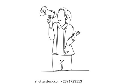 Single one line drawing young angry businesswoman shouting loudly using megaphone to train her speak. Public speaking practice concept. Modern continuous line draw design graphic vector illustration