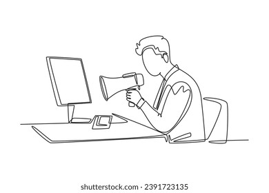 Single one line drawing young of furious male manager screaming loud on monitor computer using megaphone. Work discipline at the office concept. Continuous line draw design graphic vector illustration