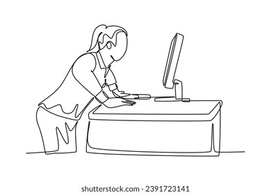 Single one line drawing of young frustrated businesswoman yelling at computer monitor while she standing on workspace. Business problem concept. Continuous line draw design graphic vector illustration