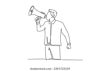 Single one line drawing young eagerness businessman shouting loudly using megaphone to train his speak. Public speaking practice concept. Modern continuous line draw design graphic vector illustration