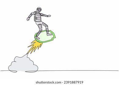 Single one line drawing young astronaut riding shield rocket flying in moon surface. Spaceship company protection and security. Cosmic galaxy space concept. Continuous line draw design graphic vector