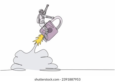 Una sola línea dibujando a un joven astronauta montando el cohete candado volando en la superficie de la luna. Mejora de la seguridad de los lanzamientos espaciales. Espacio de galaxia cósmica. Ilustración vectorial de dibujo de línea continua