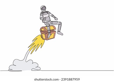 Single one line drawing young astronaut riding treasure chest rocket flying in moon surface. Precious treasure hunting in cosmic galaxy space. Continuous line draw design graphic vector illustration