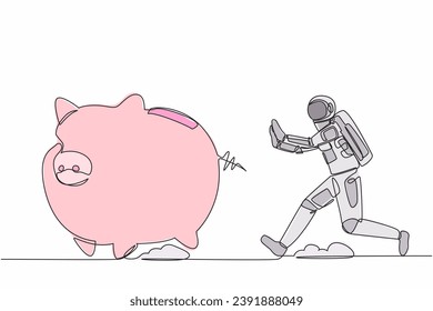Single one line drawing young astronaut chase piggy bank in moon surface. Savings for investment exploration of the universe. Cosmonaut deep space. Continuous line design graphic vector illustration