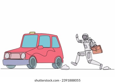 Single one line drawing of young astronaut running chasing taxi cab in moon surface. Future transportation in outer space. Cosmonaut deep space. Continuous line draw design graphic vector illustration