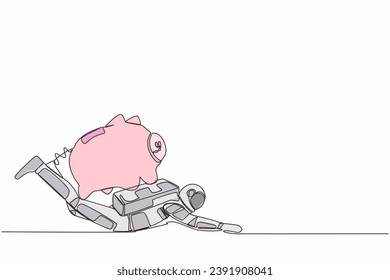 Single one line drawing young astronaut under heavy piggy bank burden in moon surface. Broke and financial problems in space industry. Cosmic galaxy space. Continuous line design vector illustration