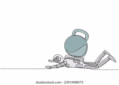 Single one line drawing young astronaut under heavy kettlebell burden. Financial crisis in space company. Technology development. Cosmic galaxy space. Continuous line draw design vector illustration