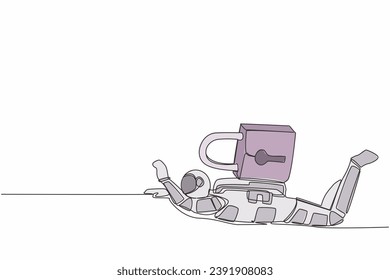 Single one line drawing young astronaut under heavy lock pad burden. Spaceship company or industry bankruptcy in pandemic crisis. Cosmic galaxy space. Continuous line draw design vector illustration