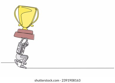 Single one line drawing young astronaut carrying heavy trophy on his back in moon surface. Spaceman fail to achieve exploration goals. Cosmic galaxy space. Continuous line design vector illustration