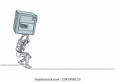 Single one line drawing young astronaut carrying heavy safe deposit box on his back. Impact in pandemic crisis at space industry. Cosmic galaxy space. Continuous line draw design vector illustration