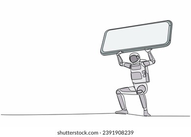 Single one line drawing young astronaut carrying heavy smartphone on his back. Frustration due to overworked in space industry. Cosmic galaxy space. Continuous line design graphic vector illustration