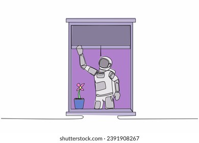 Single one line drawing young astronaut waving at window as look like to greet or invite friends to come in. Cosmic galaxy space concept. Modern continuous line draw design graphic vector illustration