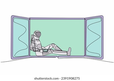 Single one line drawing young astronaut freelancer sitting on windowsill, working using laptop. Remote work from moon surface. Cosmic galaxy space. Continuous line design graphic vector illustration