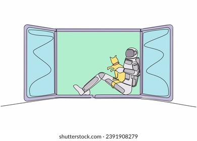 Single one line drawing young astronaut with his pet cat sitting in windowsill in moon surface. Friendship and relax time. Cosmic galaxy space concept. Continuous line draw design vector illustration