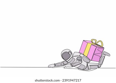 Single one line drawing of young astronaut under heavy gift box burden in moon surface. Shipping problem inter galactic connection. Cosmic galaxy space. Continuous line draw design vector illustration