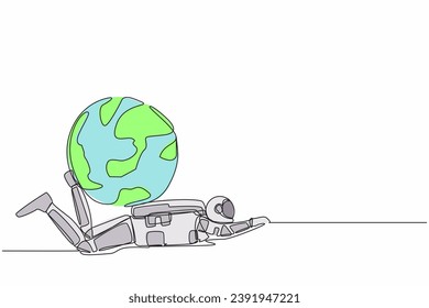 Single one line drawing of young astronaut under heavy globe burden in moon surface. Earth exploitation, spaceship industrial pollution. Cosmic galaxy space. Continuous line design vector illustration