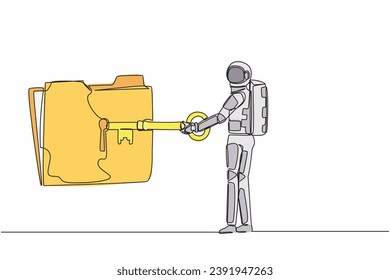 Single one line drawing young astronaut put key into folder icon. Document protection and secret information for spaceship expedition. Cosmic galaxy space. Continuous line design vector illustration