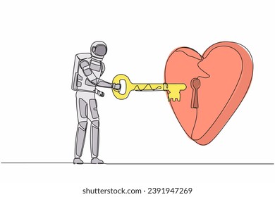 Single one line drawing young astronaut putting key into heart in moon surface. Spaceman love to galactic or planet exploration. Cosmic galaxy space. Continuous line graphic design vector illustration