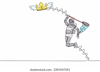 Single one line drawing young astronaut try to catching flying crown with butterfly net. Royal and luxury outer galaxy kingdom. Cosmic galaxy space. Continuous line graphic design vector illustration