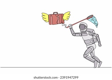 Single one line drawing young astronaut try to catch flying briefcase with butterfly net. High work performance spaceship company. Cosmic galaxy space. Continuous line draw design vector illustration