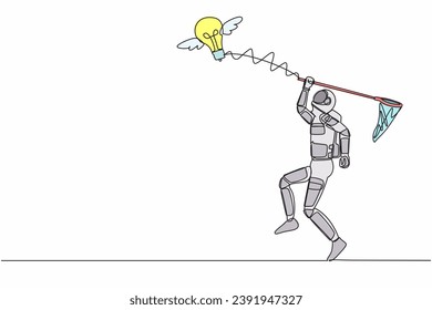 Single one line drawing young astronaut try to catching flying light bulb with butterfly net. Creative idea planet expedition. Cosmic galaxy space. Continuous line graphic design vector illustration