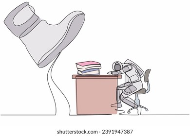 Single one line drawing young astronaut sleeping on pile of paper on desk under big foot stomp. Overworking, stress, overload. Cosmic galaxy space concept. Continuous line design vector illustration