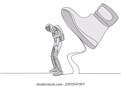 Single one line drawing young astronaut standing weak under huge boot shoe, being fired from company. Future science development. Cosmic galaxy space. Continuous line draw design vector illustration