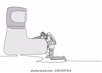 Single one line drawing young astronaut kneeling a giant foot or shoe. Spaceman apologize to boss. Future technology development. Cosmic galaxy space. Continuous line draw design vector illustration