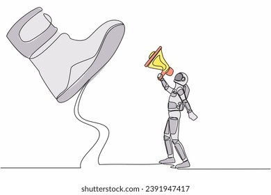 Single one line drawing of young astronaut speaking with megaphone under giant shoe. Boot of army machine stepping on spaceman. Cosmic galaxy space. Continuous line graphic design vector illustration
