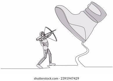 Single one line drawing young astronaut aiming bow against giant shoes stomping. Spaceman archery against giant foot step. Cosmic galaxy space concept. Continuous line draw design vector illustration