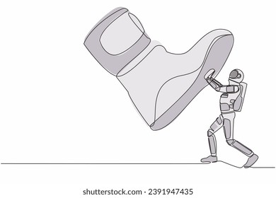 Single one line drawing young astronaut against giant shoes stomping. Spaceman push against giant foot step. Science development. Cosmic galaxy space. Continuous line draw design vector illustration