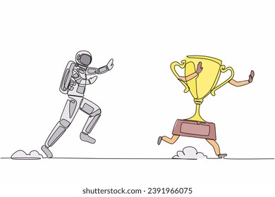 Single one line drawing young astronaut run chasing trophy in moon surface. Victory and award for galactic exploration. Cosmic galaxy space concept. Continuous line graphic design vector illustration