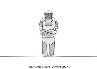 Single one line drawing young astronaut standing with folded arms pose. Future space technology development. Cosmic galaxy space concept. Modern continuous line draw graphic design vector illustration