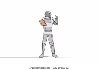 Single one line drawing of young astronaut holding clipboard and pointing index finger up in moon surface. Cosmic galaxy space concept. Modern continuous line draw graphic design vector illustration