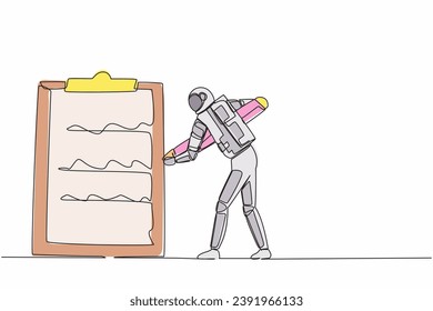 Single one line drawing young astronaut standing and mark checklist with big pencil in moon surface. Spaceship checklist project. Cosmic galaxy space. Continuous line draw design vector illustration