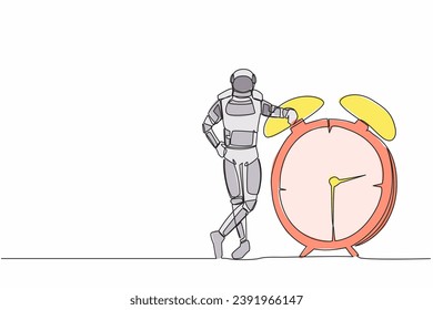 Single one line drawing young astronaut lean on big alarm clock in moon surface. Time management in space industry. Cosmic galaxy space concept. Continuous line draw graphic design vector illustration