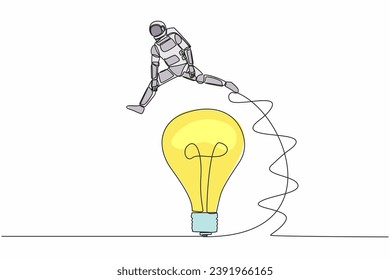 Single one line drawing young astronaut jumping over big light bulb. Innovation transformation technology in space company. Cosmic galaxy space. Continuous line draw graphic design vector illustration