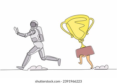Single one line drawing young astronaut being chased by trophy. Confused with spaceship business goals for winning competition. Cosmic galaxy space. Continuous line graphic design vector illustration
