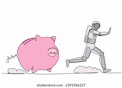 Single one line drawing young astronaut being chased by piggy bank. Economic crash due to pandemic. Losing money in spaceship industry. Cosmic galaxy space. Continuous line design vector illustration