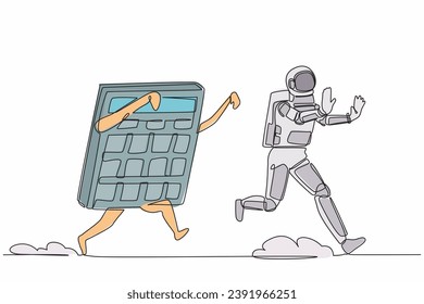 Single one line drawing young astronaut being chased by calculator. Difficult in calculations of spaceship expedition business project. Cosmic galaxy space. Continuous line design vector illustration