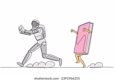 Single one line drawing of young astronaut being chased by book. Smart spaceman manual book in spaceship operation. Cosmic galaxy space concept. Continuous line draw graphic design vector illustration