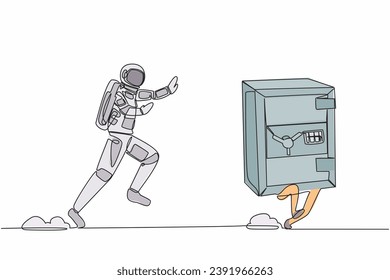 Single one line drawing of young astronaut run chasing safe deposit box in moon surface. Financial security protection. Cosmic galaxy space concept. Continuous line graphic design vector illustration