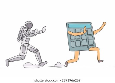 Single one line drawing young astronaut run chasing calculator in moon surface. Calculation of costs for space exploration. Cosmic galaxy space. Continuous line draw graphic design vector illustration