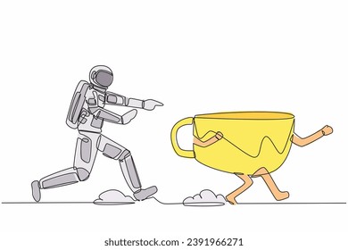 Single one line drawing young astronaut run chase coffee cup in moon surface. Enjoying cappuccino while relaxing in space. Cosmic galaxy space. Continuous line draw graphic design vector illustration