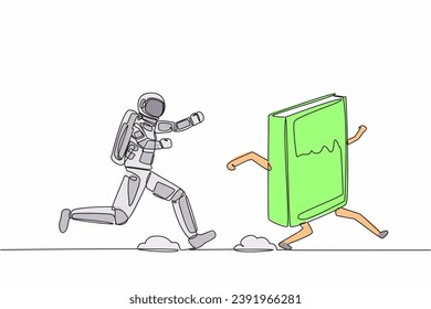 Single one line drawing of young astronaut run chasing textbook for learning in moon surface. Science to explore space. Cosmic galaxy space concept. Continuous line graphic design vector illustration